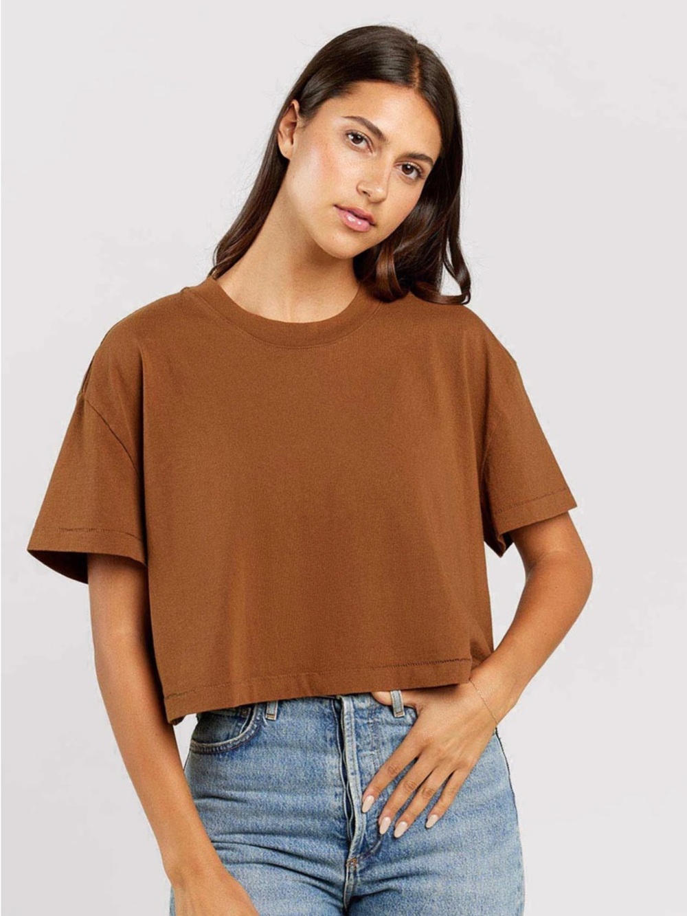 Nuuds everyday vintage crop boxy short sleeve brown top large 100% cotton